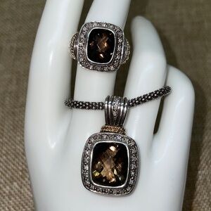 Citrine and Diamond Sterling Silver and 14K Gold Ring and Necklace Set